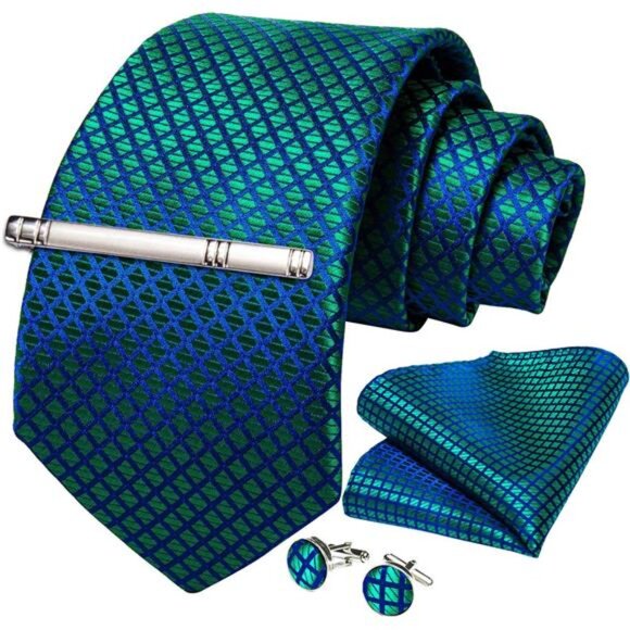 Plaid Ties for Men Silk Checkered Necktie and Pocket Square Cufflinks - Picture 3 of 7